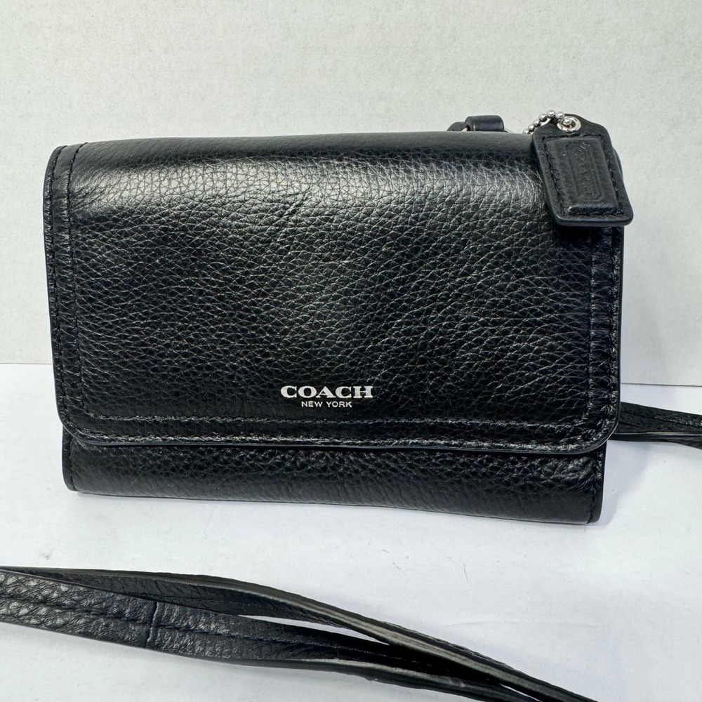 Coach Avery‎ Black Pebble Leather Bifold Wallet Clutch Bag with Crossbody Straps